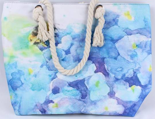 Colourful Bee design carry bag with solid base, rope handles & zip top. Style: AL/4810.